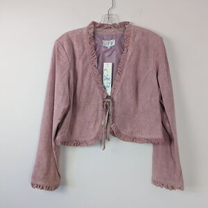 Alice Blue Suede Leather Tie-Front Jacket - Large - Soft Pink with Ruffle Detail